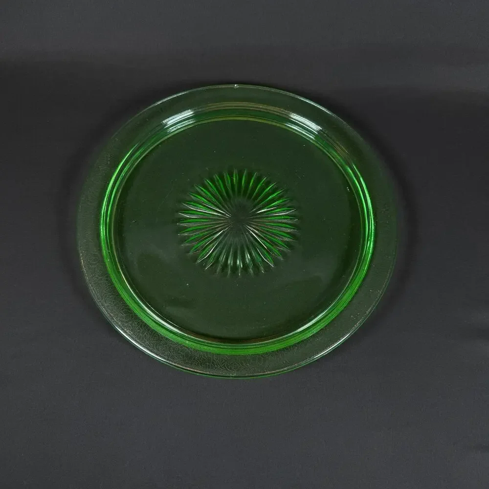Vintage Uranium Glass Plates 13 inch Green Depression Glass UV Glow